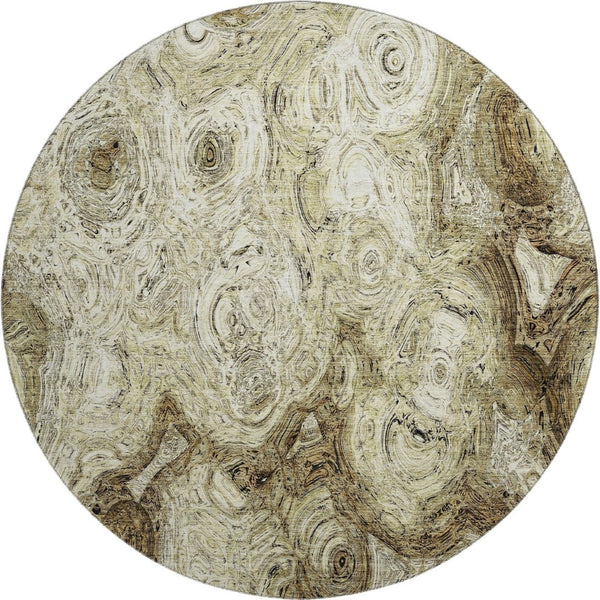 HomeRoots 8' Beige and Brown Abstract Washable Round Rug – Durable, UV-Protected, Perfect for Busy Homes! 650143