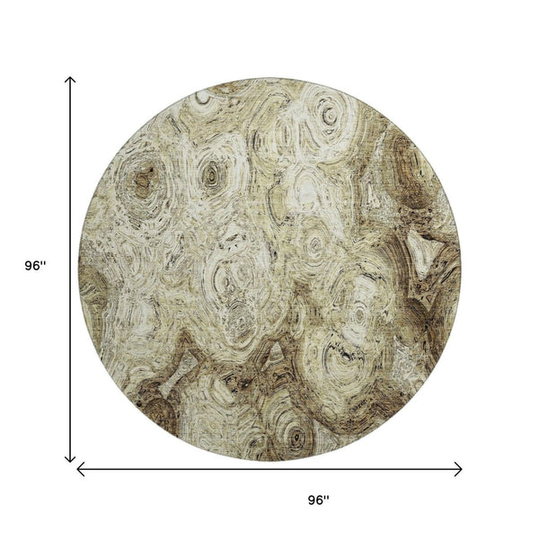 HomeRoots 8' Beige and Brown Abstract Washable Round Rug – Durable, UV-Protected, Perfect for Busy Homes! 650143
