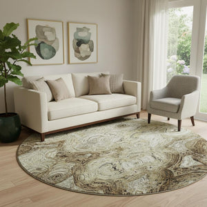 HomeRoots 8' Beige and Brown Abstract Washable Round Rug – Durable, UV-Protected, Perfect for Busy Homes! 650143