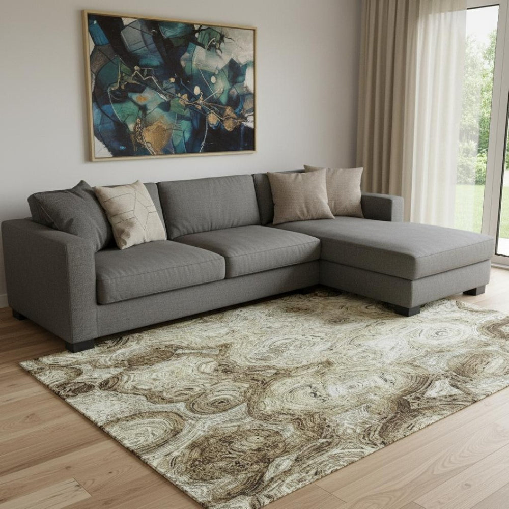 HomeRoots 8' X 10' Beige and Brown Abstract Area Rug - Machine-Washable, UV-Protected, Stylish & Durable Home Decor 650144