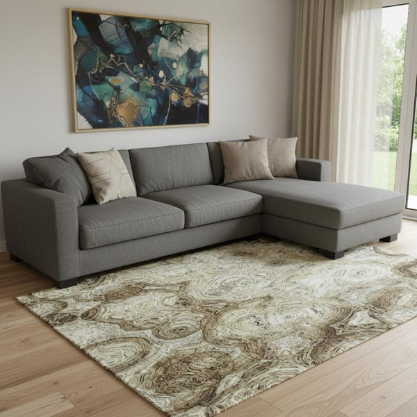 HomeRoots 8' X 10' Beige and Brown Abstract Area Rug - Machine-Washable, UV-Protected, Stylish & Durable Home Decor 650144