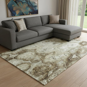 HomeRoots 9' X 12' Beige & Brown Abstract Washable Area Rug - Durable, Stain-Resistant with UV Protection 650145