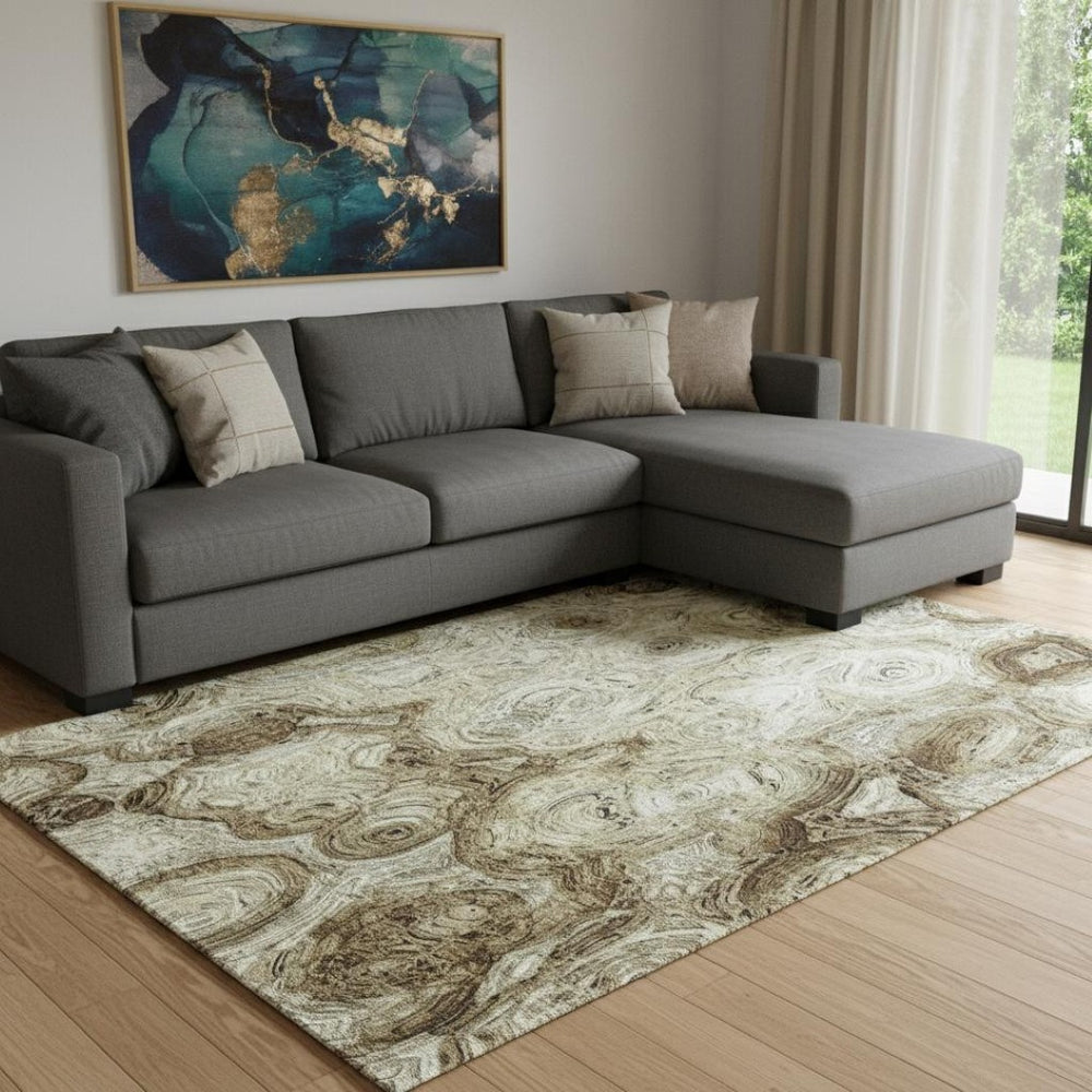 HomeRoots 10' Beige and Brown Abstract Area Rug – Washable, UV-Protected, Durable for High-Traffic Spaces! 650146