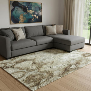 HomeRoots 10' Beige and Brown Abstract Area Rug – Washable, UV-Protected, Durable for High-Traffic Spaces! 650146