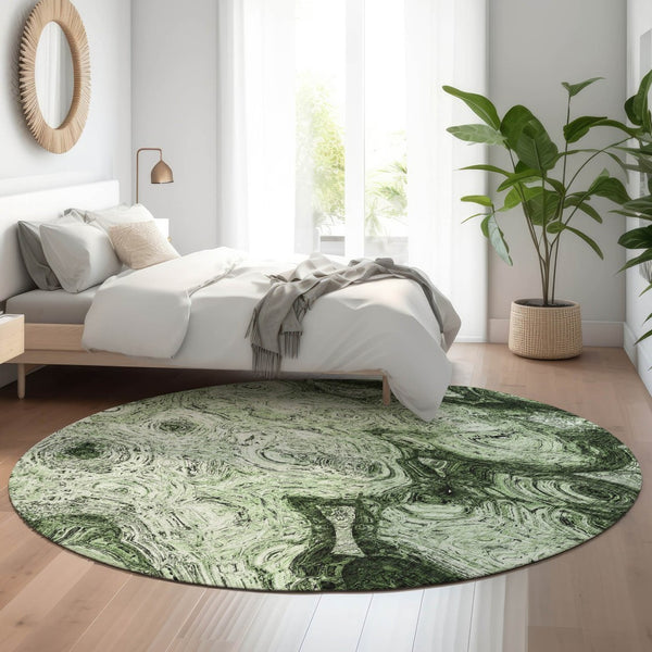 HomeRoots 8' Green and Charcoal Abstract Round Rug - Washable, UV-Protected, Stain-Resistant for Modern Homes 650149