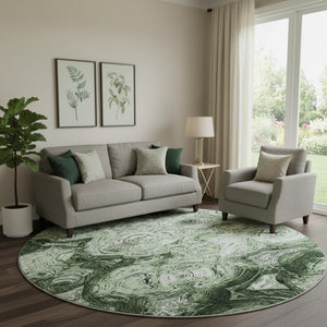 HomeRoots 8' Green and Charcoal Abstract Round Rug - Washable, UV-Protected, Stain-Resistant for Modern Homes 650149