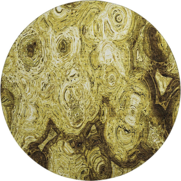 HomeRoots 8' Gold and Chocolate Abstract Round Rug - Washable, UV-Protected, Durable for High Traffic Areas 650155