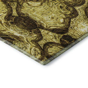 HomeRoots 8' Gold and Chocolate Abstract Round Rug - Washable, UV-Protected, Durable for High Traffic Areas 650155