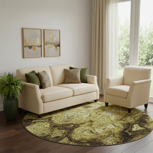 HomeRoots 8' Gold and Chocolate Abstract Round Rug - Washable, UV-Protected, Durable for High Traffic Areas 650155