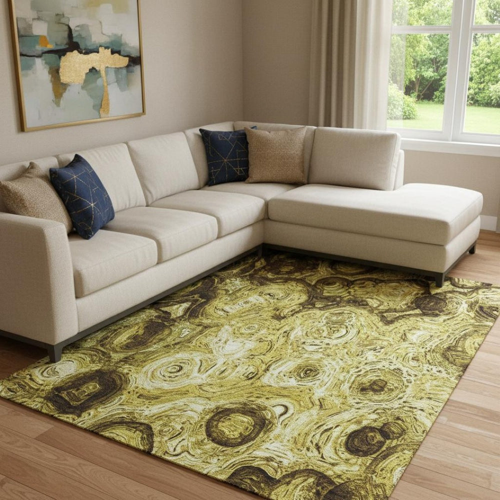 HomeRoots 9' X 12' Gold and Chocolate Abstract Area Rug - Durable, Stain-Resistant, UV Protected Style for Homes 650157
