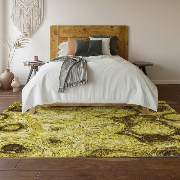 HomeRoots 10' Gold and Chocolate Abstract Washable Area Rug - UV Protected, Stain Resistant for Busy Homes 650158