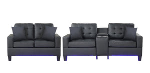 English Elm Genesis Modern Black Pvc Sofa Loveseat Set With Led Lights, Usb Charger, Cupholders & Storage Console B061S00869