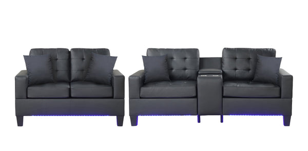 English Elm Genesis Modern Black Pvc Sofa Loveseat Set With Led Lights, Usb Charger, Cupholders & Storage Console B061S00869