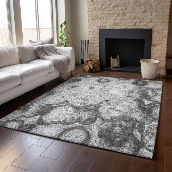 HomeRoots 5' X 8' Gray and Silver Abstract Washable Area Rug - UV Protected, Stain Resistant for Busy Homes 650160