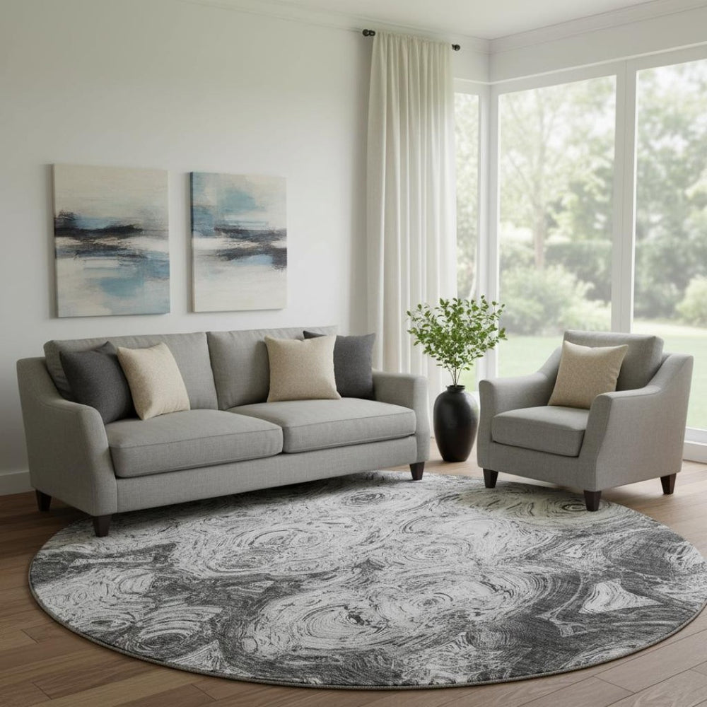 HomeRoots 8' Gray and Silver Abstract Round Area Rug - Washable, UV Protected, Stain Resistant for High Traffic Spaces 650161