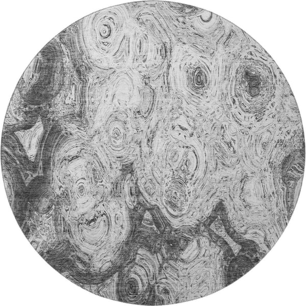 HomeRoots 8' Gray and Silver Abstract Round Area Rug - Washable, UV Protected, Stain Resistant for High Traffic Spaces 650161