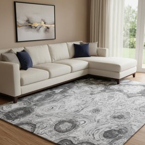 HomeRoots 9' X 12' Gray and Silver Abstract Area Rug - Washable, UV Protected, Stain Resistant for Modern Homes 650163