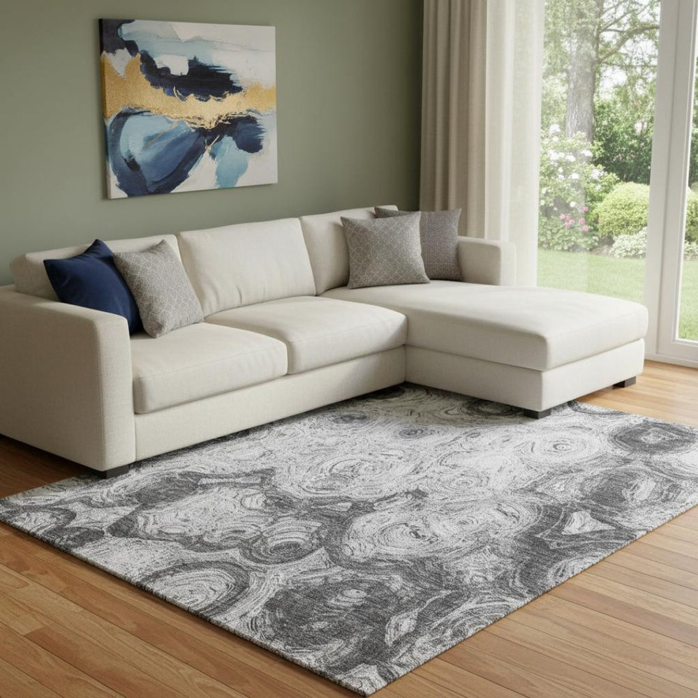 HomeRoots 10' Gray and Silver Abstract Area Rug - Washable, UV-Protected, Modern Design for High-Traffic Spaces 650164
