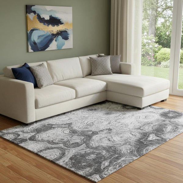 HomeRoots 10' Gray and Silver Abstract Area Rug - Washable, UV-Protected, Modern Design for High-Traffic Spaces 650164