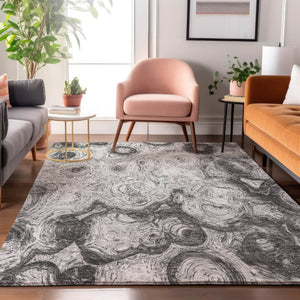 HomeRoots 10' Gray and Silver Abstract Area Rug - Washable, UV-Protected, Modern Design for High-Traffic Spaces 650164