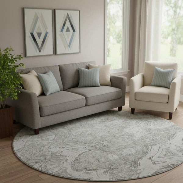 HomeRoots 8' Ivory And Gray Abstract Washable Round Rug - Stylish, Durable, UV-Protected for Any Space! 650167