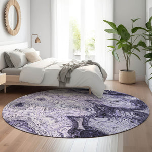 HomeRoots 8' Purple and Ivory Abstract Washable Round Rug - Durable, UV-Protected, Perfect for Any Space! 650173