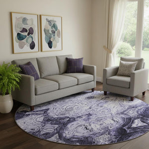 HomeRoots 8' Purple and Ivory Abstract Washable Round Rug - Durable, UV-Protected, Perfect for Any Space! 650173