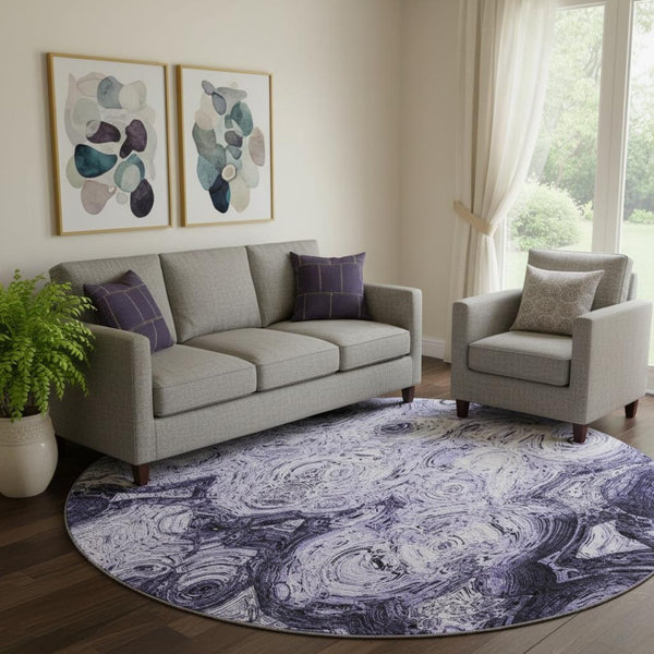 HomeRoots 8' Purple and Ivory Abstract Washable Round Rug - Durable, UV-Protected, Perfect for Any Space! 650173