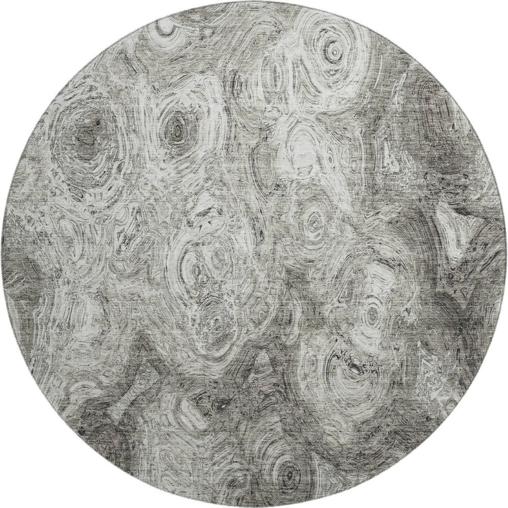 HomeRoots 8' Washable Silver and Gray Abstract Round Rug - UV Resistant, Stain-Proof, Ideal for Homes with Kids & Pets 650179