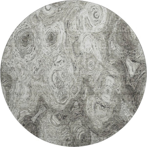 HomeRoots 8' Washable Silver and Gray Abstract Round Rug - UV Resistant, Stain-Proof, Ideal for Homes with Kids & Pets 650179
