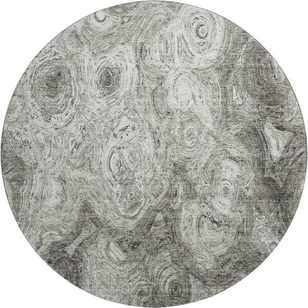 HomeRoots 8' Washable Silver and Gray Abstract Round Rug - UV Resistant, Stain-Proof, Ideal for Homes with Kids & Pets 650179