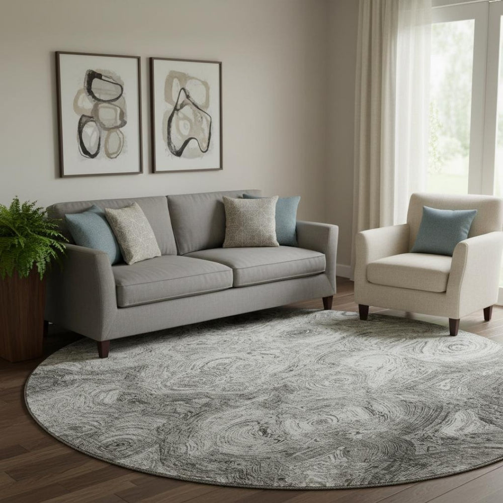 HomeRoots 8' Washable Silver and Gray Abstract Round Rug - UV Resistant, Stain-Proof, Ideal for Homes with Kids & Pets 650179