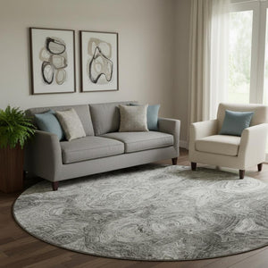 HomeRoots 8' Washable Silver and Gray Abstract Round Rug - UV Resistant, Stain-Proof, Ideal for Homes with Kids & Pets 650179