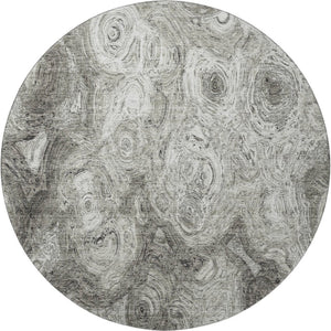 HomeRoots 8' Washable Silver and Gray Abstract Round Rug - UV Resistant, Stain-Proof, Ideal for Homes with Kids & Pets 650179