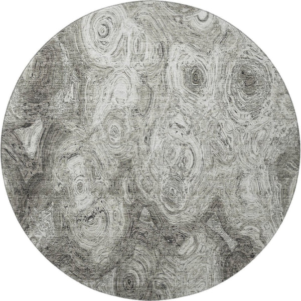 HomeRoots 8' Washable Silver and Gray Abstract Round Rug - UV Resistant, Stain-Proof, Ideal for Homes with Kids & Pets 650179