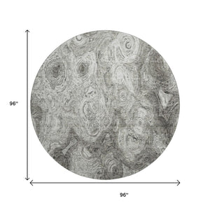 HomeRoots 8' Washable Silver and Gray Abstract Round Rug - UV Resistant, Stain-Proof, Ideal for Homes with Kids & Pets 650179