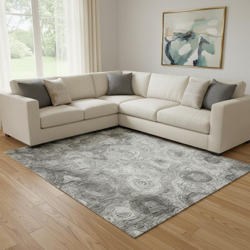 HomeRoots 8' X 10' Silver & Gray Abstract Washable Area Rug - Durable, UV Protected, Stylish for Any Room 650180