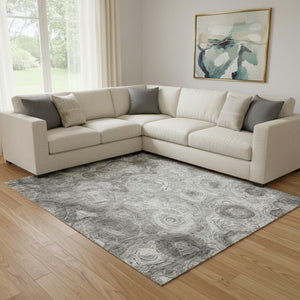 HomeRoots 8' X 10' Silver & Gray Abstract Washable Area Rug - Durable, UV Protected, Stylish for Any Room 650180