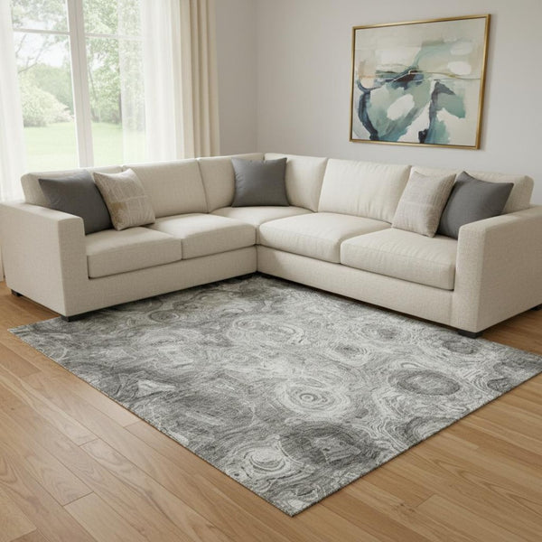 HomeRoots 8' X 10' Silver & Gray Abstract Washable Area Rug - Durable, UV Protected, Stylish for Any Room 650180
