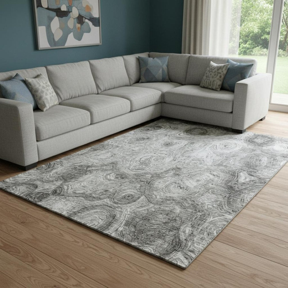 HomeRoots 10' X 14' Silver and Gray Abstract Area Rug - Washable, Stain Resistant with UV Protection for Modern Spaces 650182