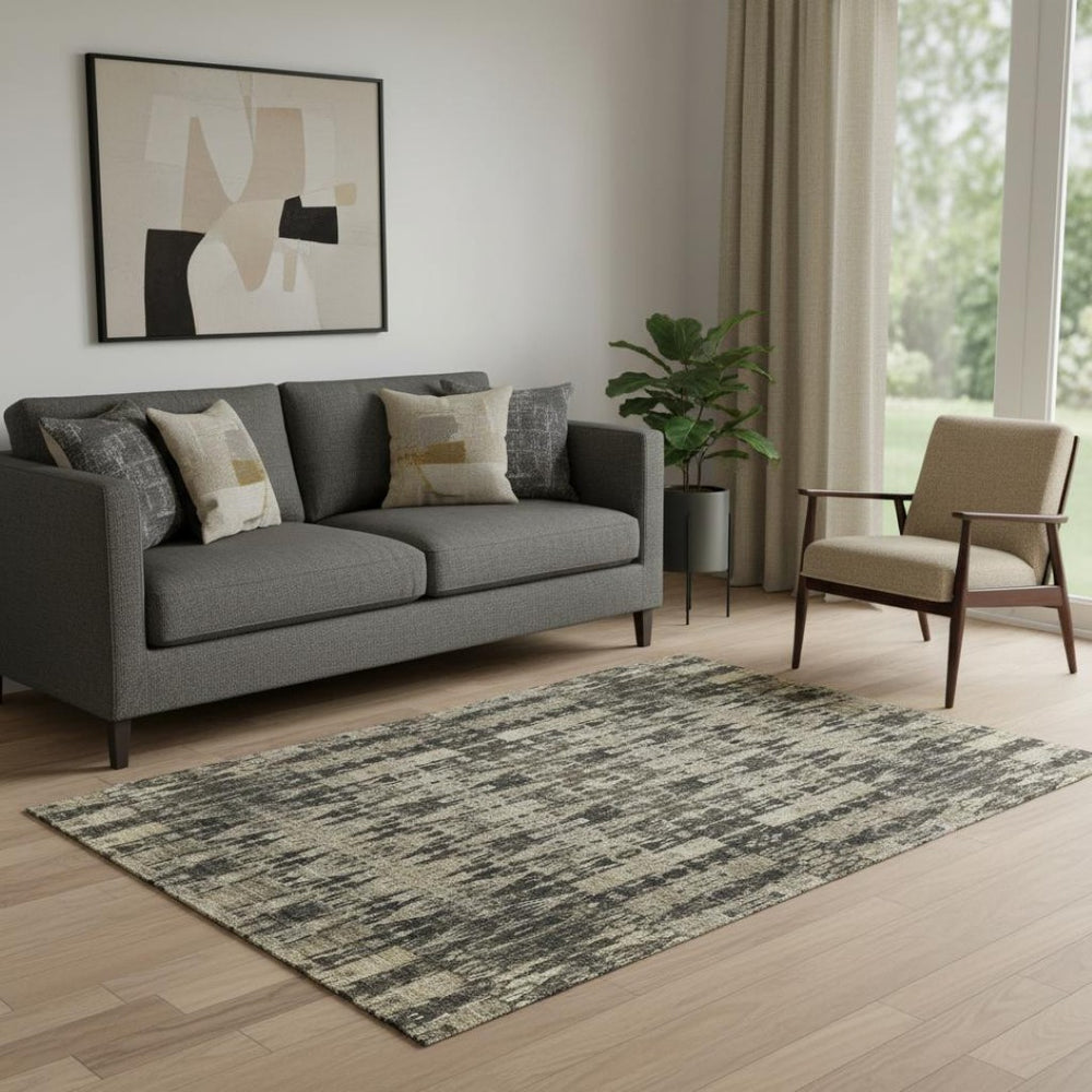 HomeRoots 5' Moroccan Washable Area Rug in Black & Beige – Durable, Stain-Resistant, UV Protected Design! 650190
