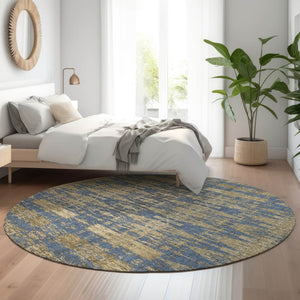 HomeRoots 8' Blue & Chocolate Moroccan Round Rug - Washable, UV-Protected, Stain Resistant for Family Spaces 650197