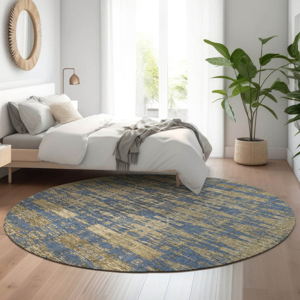 HomeRoots 8' Blue & Chocolate Moroccan Round Rug - Washable, UV-Protected, Stain Resistant for Family Spaces 650197