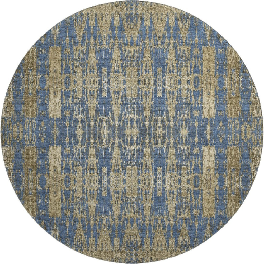 HomeRoots 8' Blue & Chocolate Moroccan Round Rug - Washable, UV-Protected, Stain Resistant for Family Spaces 650197