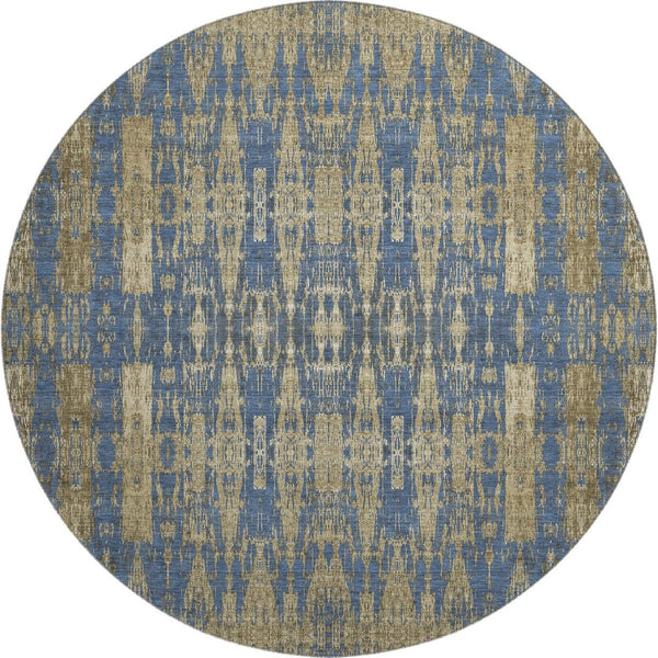 HomeRoots 8' Blue & Chocolate Moroccan Round Rug - Washable, UV-Protected, Stain Resistant for Family Spaces 650197
