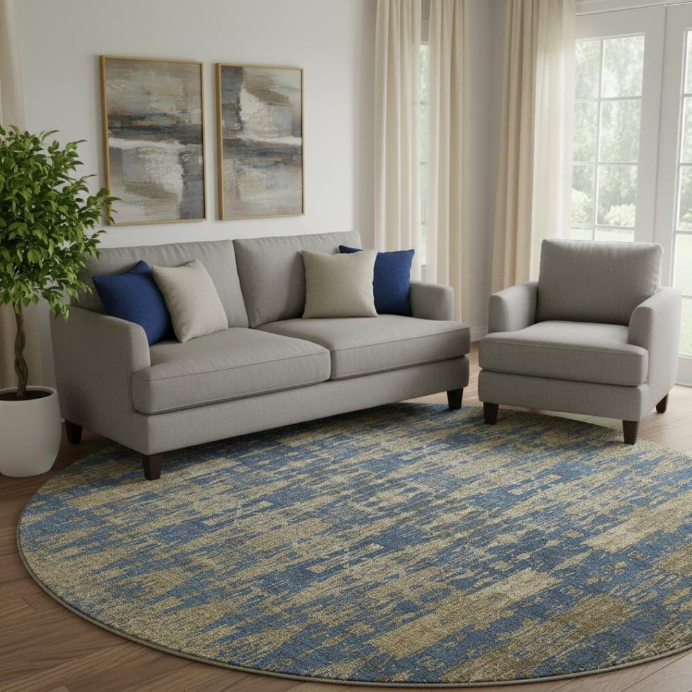 HomeRoots 8' Blue & Chocolate Moroccan Round Rug - Washable, UV-Protected, Stain Resistant for Family Spaces 650197