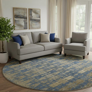 HomeRoots 8' Blue & Chocolate Moroccan Round Rug - Washable, UV-Protected, Stain Resistant for Family Spaces 650197