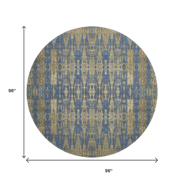HomeRoots 8' Blue & Chocolate Moroccan Round Rug - Washable, UV-Protected, Stain Resistant for Family Spaces 650197