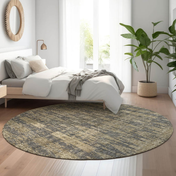 HomeRoots 8' Gray and Tan Moroccan Round Rug – Washable, UV Protected, Stain Resistant for Homes with Kids & Pets 650209