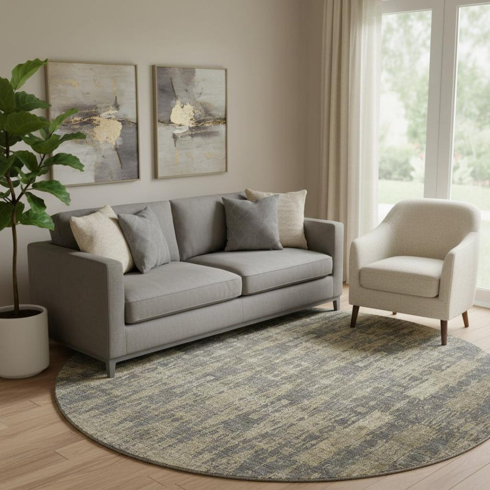 HomeRoots 8' Gray and Tan Moroccan Round Rug – Washable, UV Protected, Stain Resistant for Homes with Kids & Pets 650209